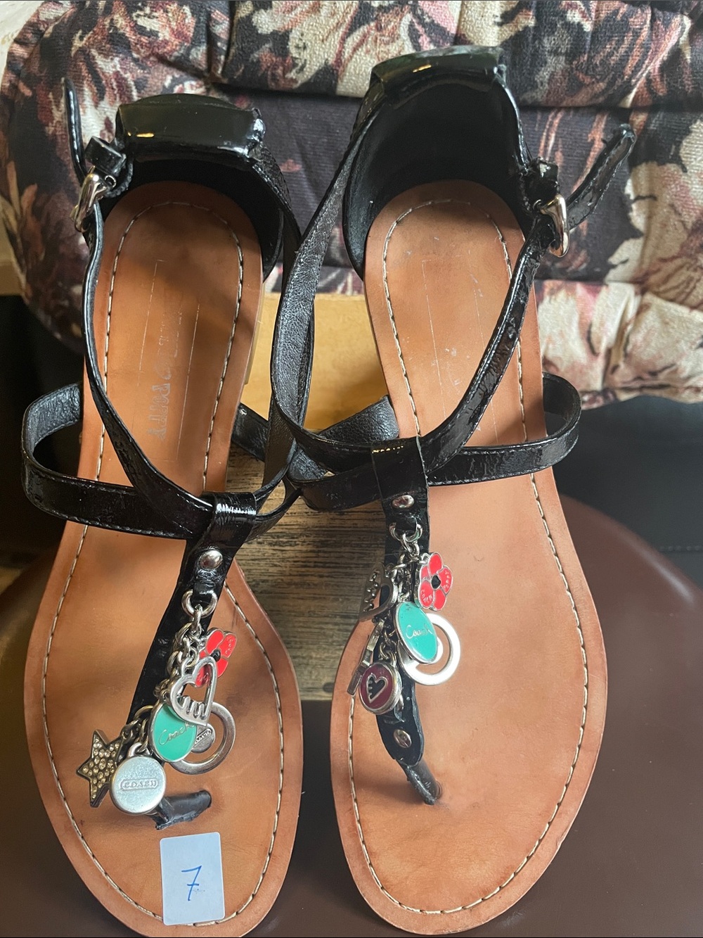 Coach Poppy Black T-Strap Sandals with Charms size 7